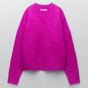 Zara Soft V-Neck Sweater in Hot Pink Fuchsia Size Large Ribbed Trim